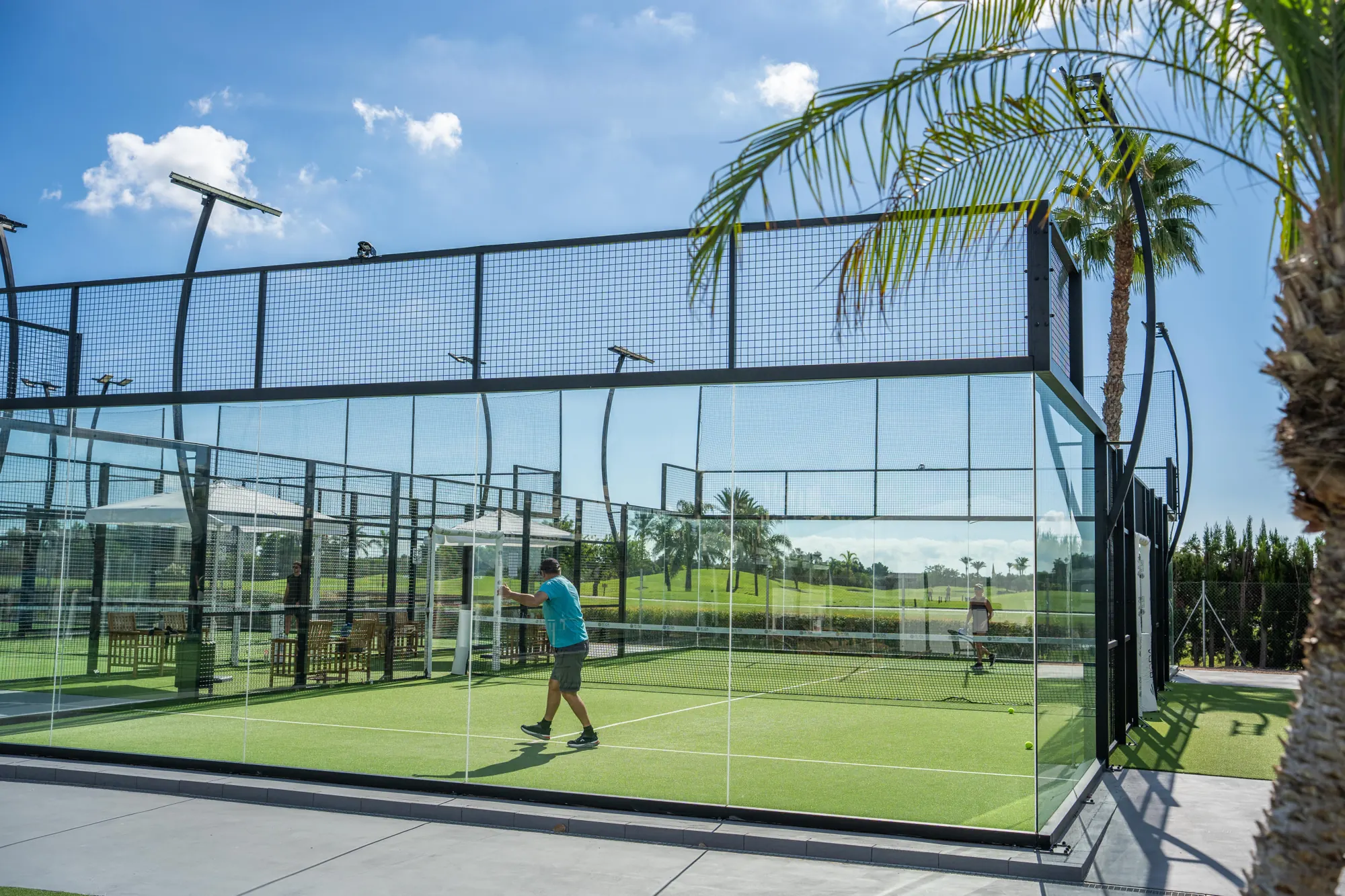 Glass court among palm trees